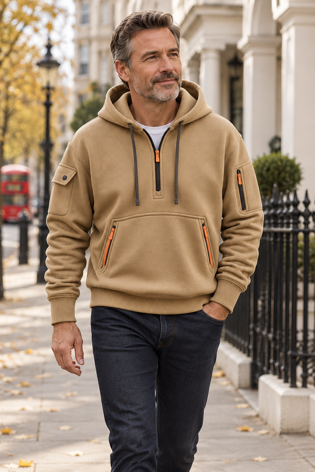 Phillip Classic Quarter-Zip Hoodie worn by a mature male model in London