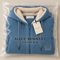 Phoebe blue fleece jacket in Alice Bennett London packaging