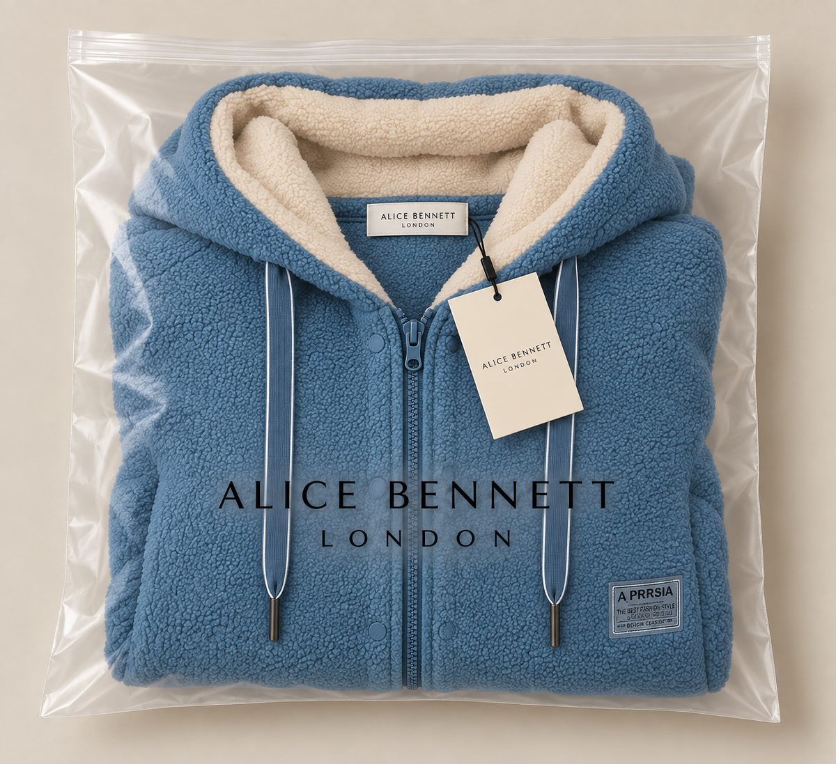 Phoebe blue fleece jacket in Alice Bennett London packaging
