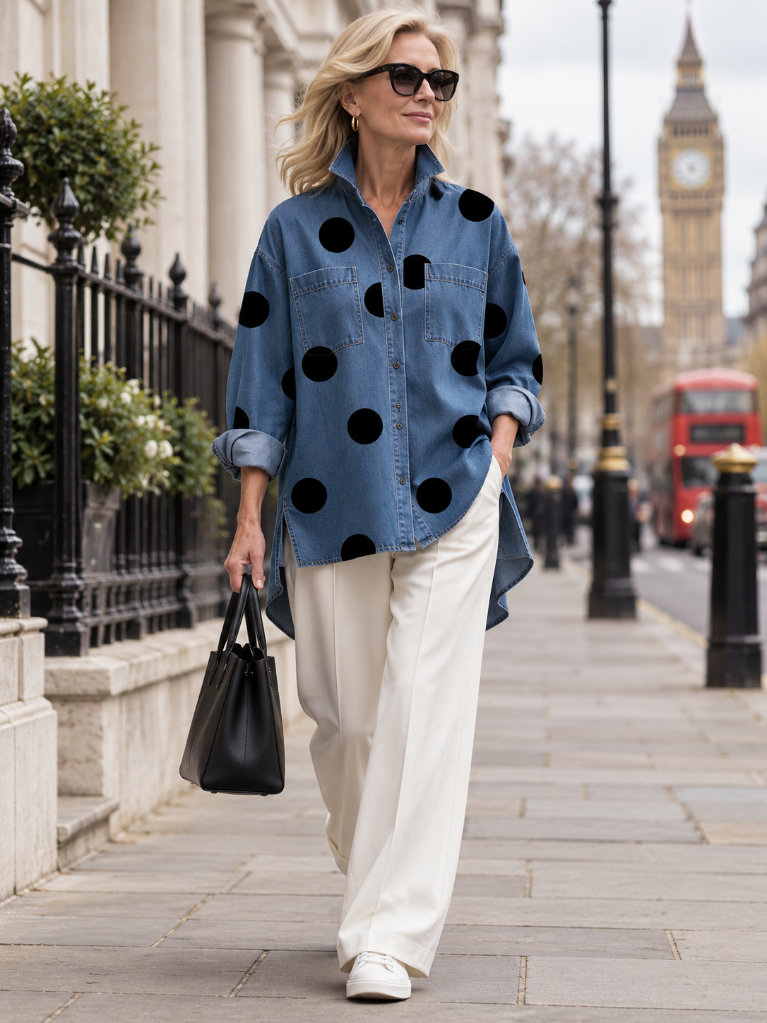 Woman wearing the blue polka-dot denim top while walking in London