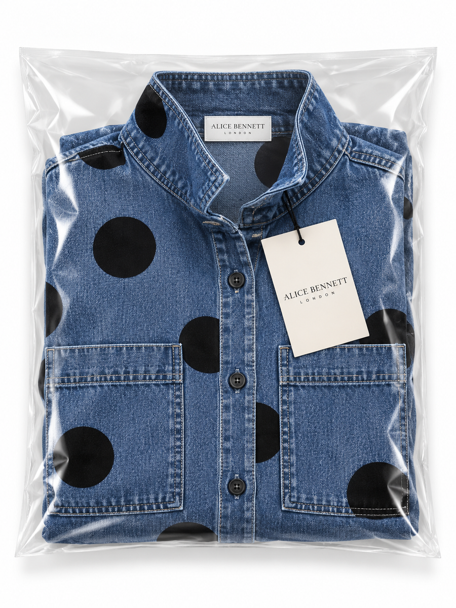Blue polka-dot denim top in Alice Bennett London packaging