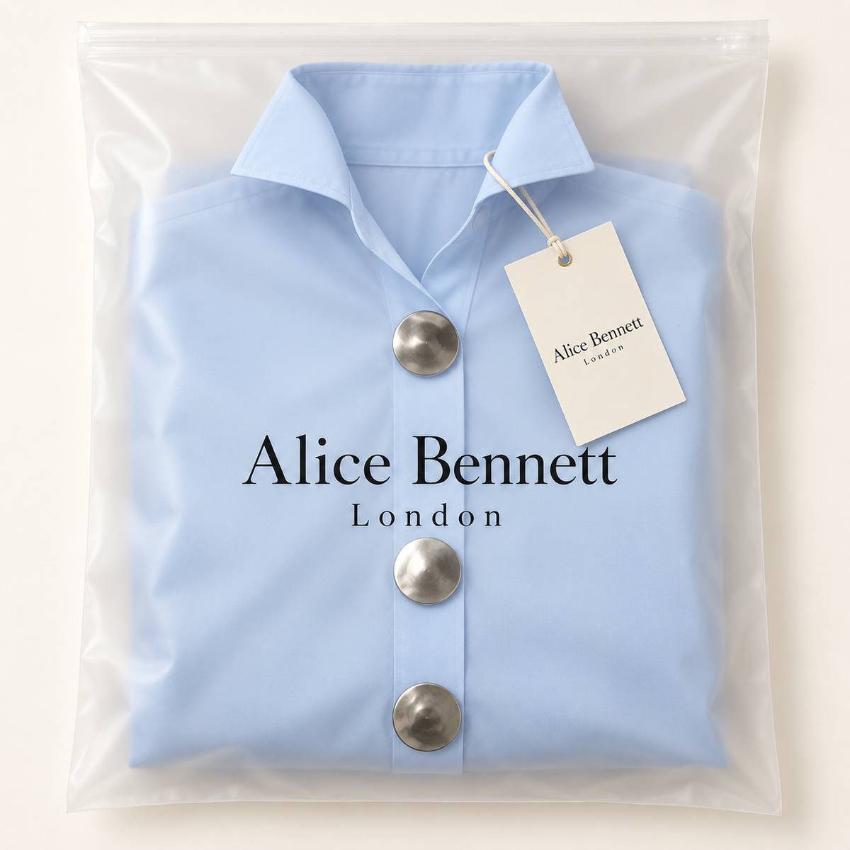 Queniva structured blouse folded in Alice Bennett London polybag