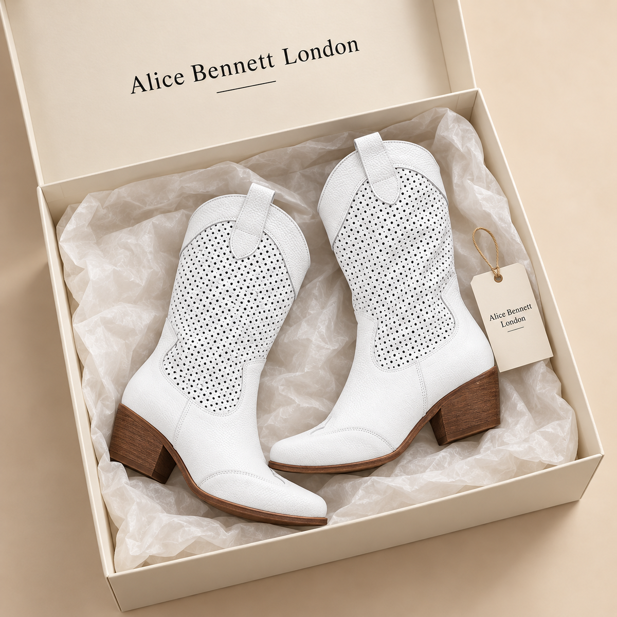 Rachel Western Boots in an Alice Bennett London shoebox