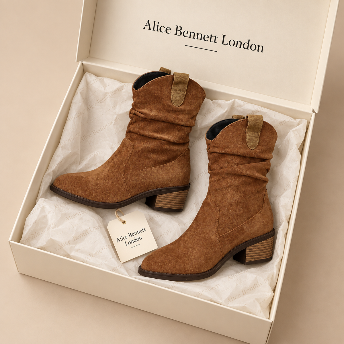 Rachy Western Boots in an Alice Bennett London shoebox