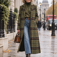 Woman wearing the Retro Plaid Long Tweed Coat on a London street