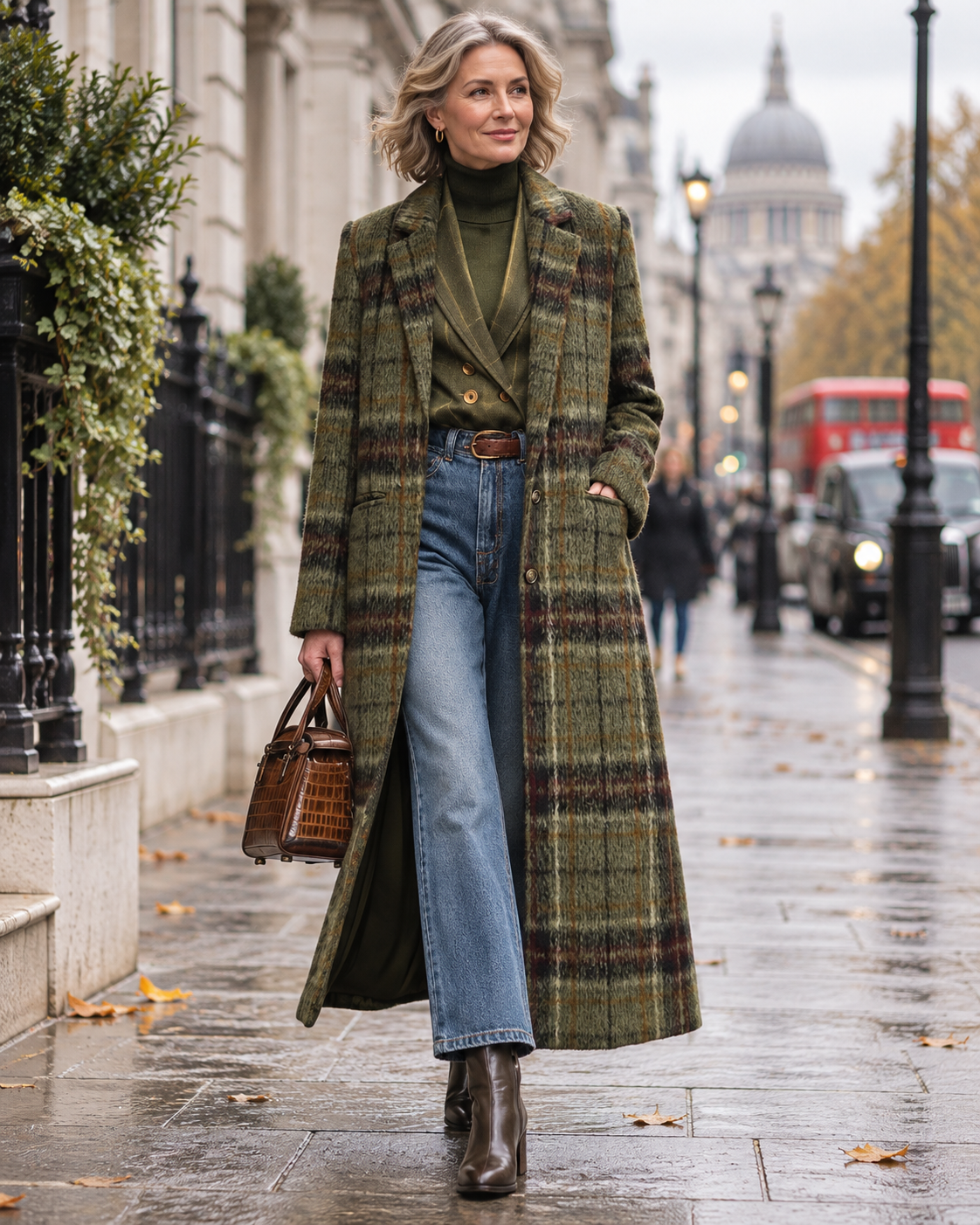 Woman wearing the Retro Plaid Long Tweed Coat on a London street