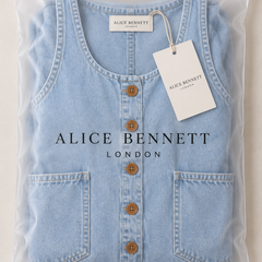 Sadie light blue wide-leg denim jumpsuit in Alice Bennett London branded packaging
