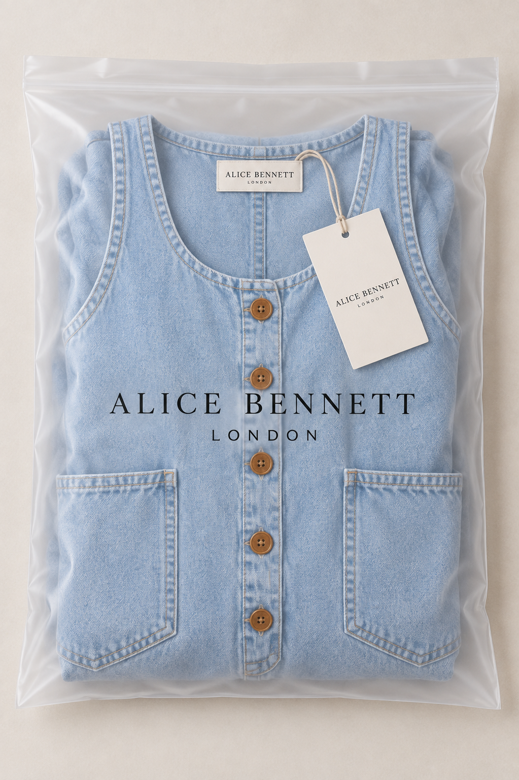 Sadie light blue wide-leg denim jumpsuit in Alice Bennett London branded packaging