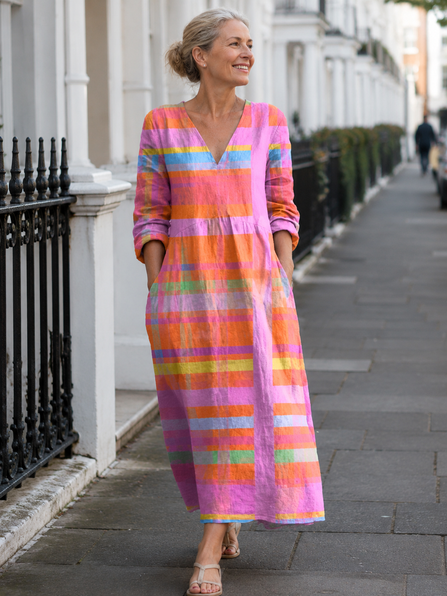 SARA multicolour striped midi dress worn on a London street