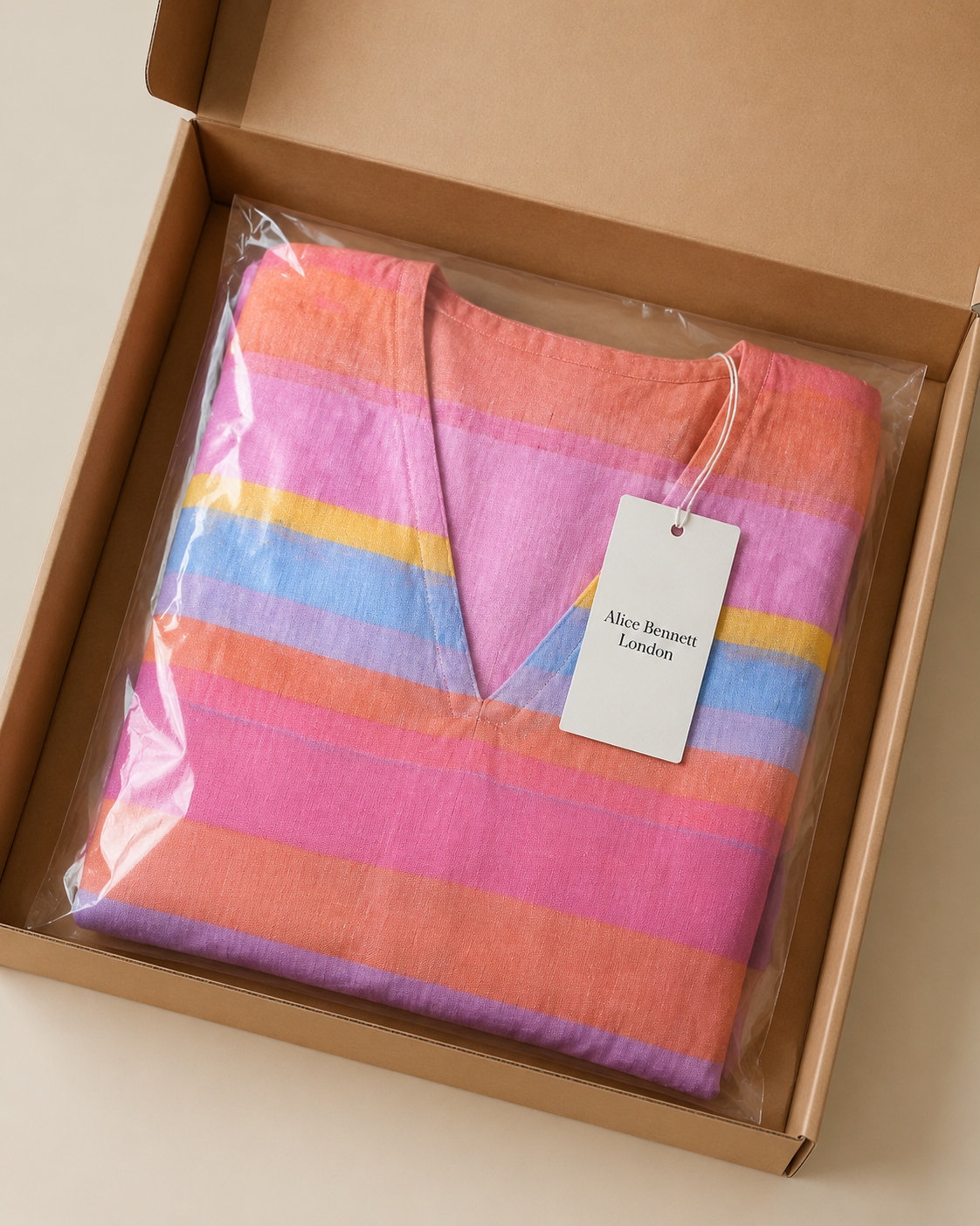 SARA multicolour striped dress folded in Alice Bennett London packaging