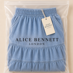 Sarah denim skirt in Alice Bennett London packaging