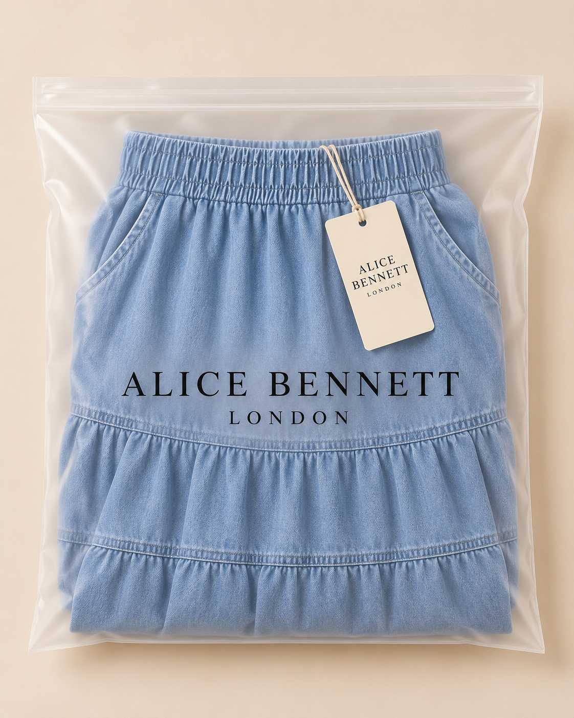 Sarah denim skirt in Alice Bennett London packaging