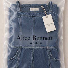 Savannah denim maxi dress in Alice Bennett London branded packaging