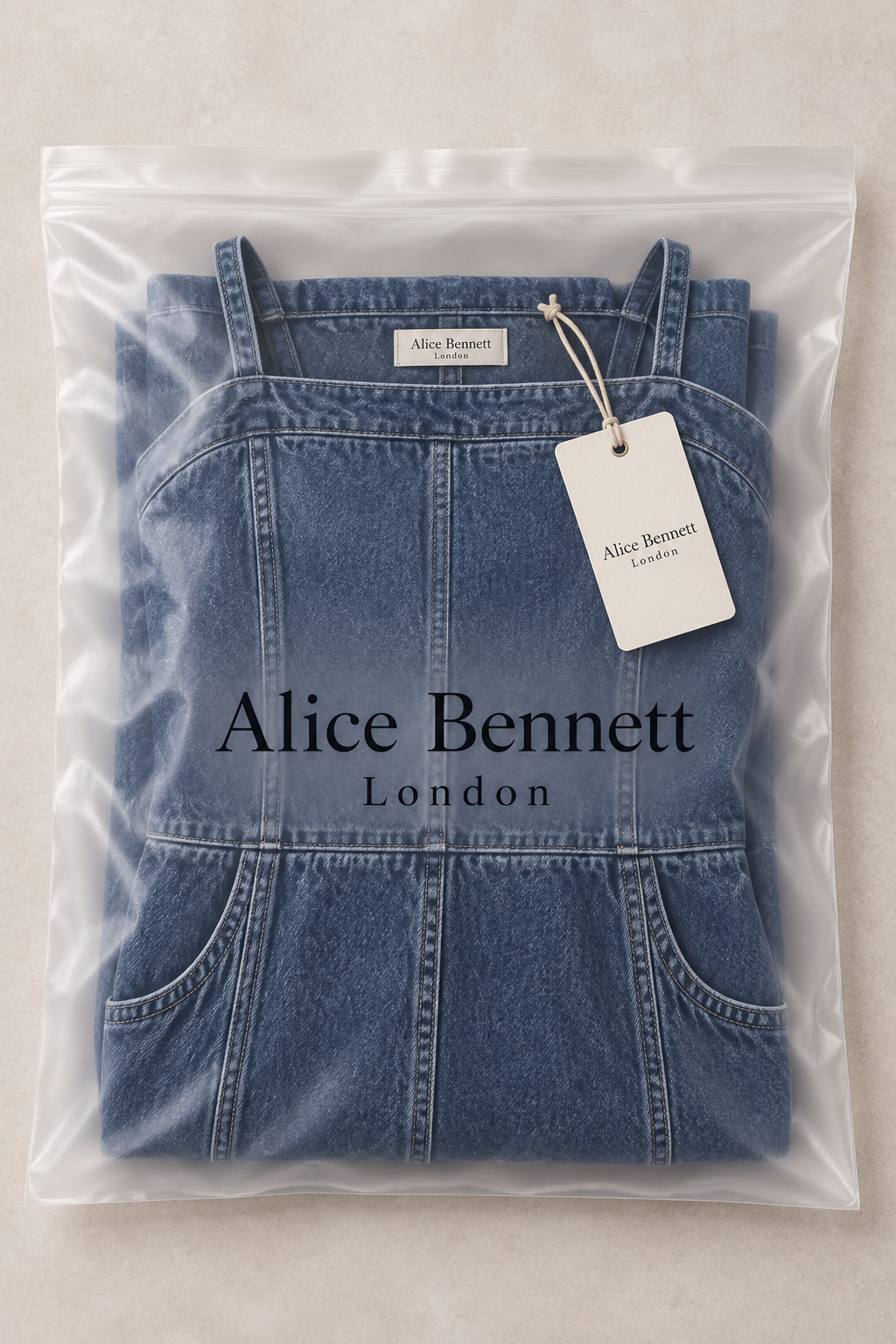 Savannah denim maxi dress in Alice Bennett London branded packaging