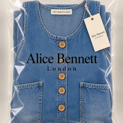 Saylor denim dungarees in Alice Bennett London packaging with branded neck label
