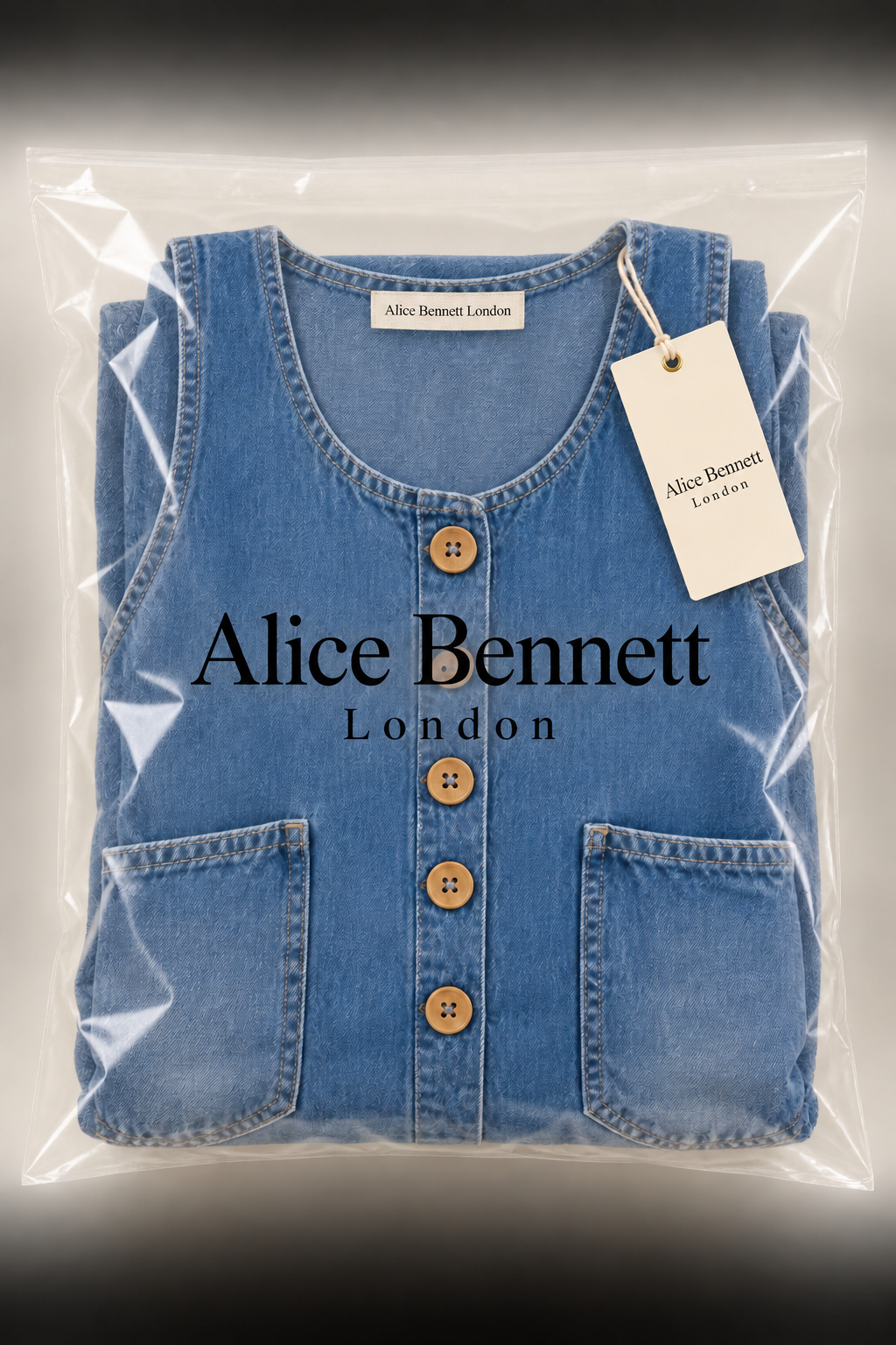 Saylor denim dungarees in Alice Bennett London packaging with branded neck label