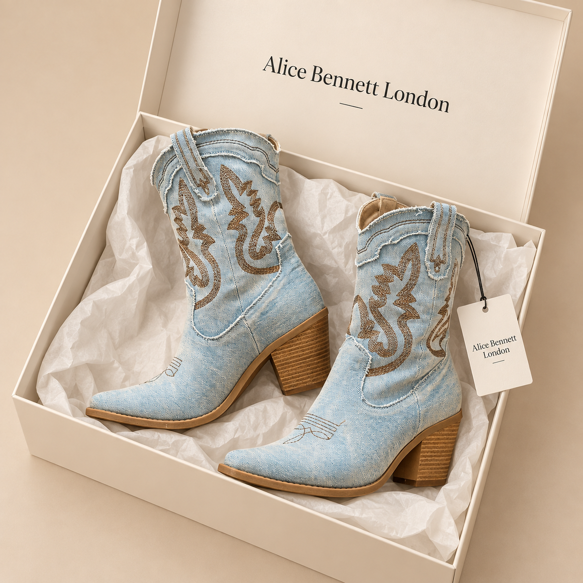 Selena Denim Boots in an Alice Bennett London shoebox