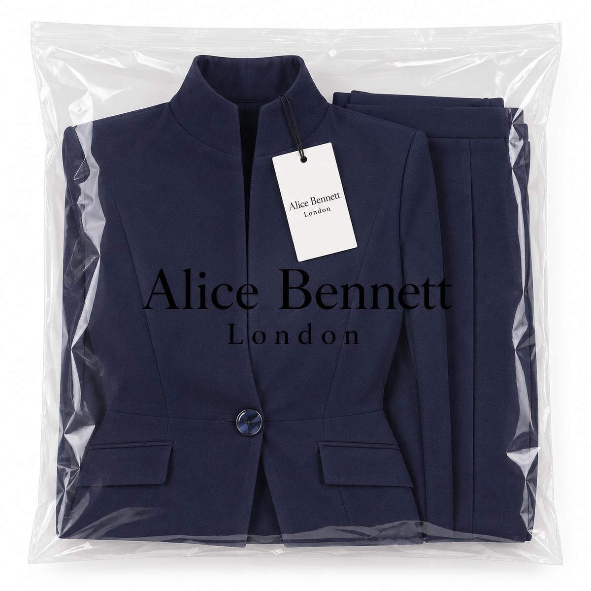 Navy blue women's blazer and trousers set in Alice Bennett London branded packaging