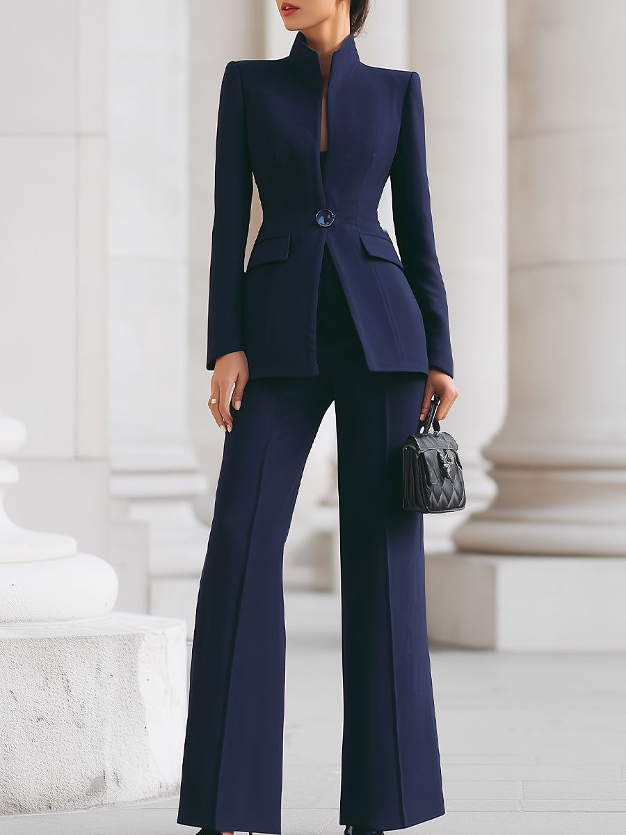 Navy High-Neck Blazer & Wide-Leg Trousers Set
