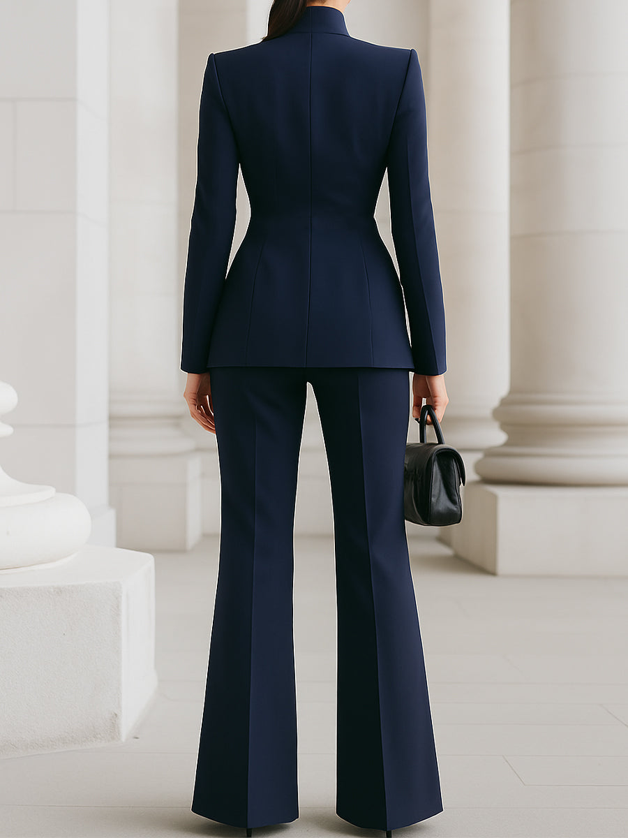 Navy High-Neck Blazer & Wide-Leg Trousers Set