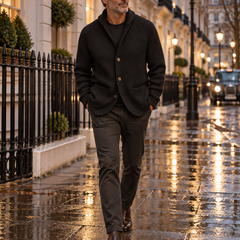 Silvoro Black cardigan worn by a male model walking in London