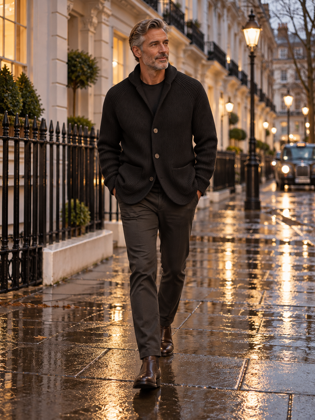 Silvoro Black cardigan worn by a male model walking in London
