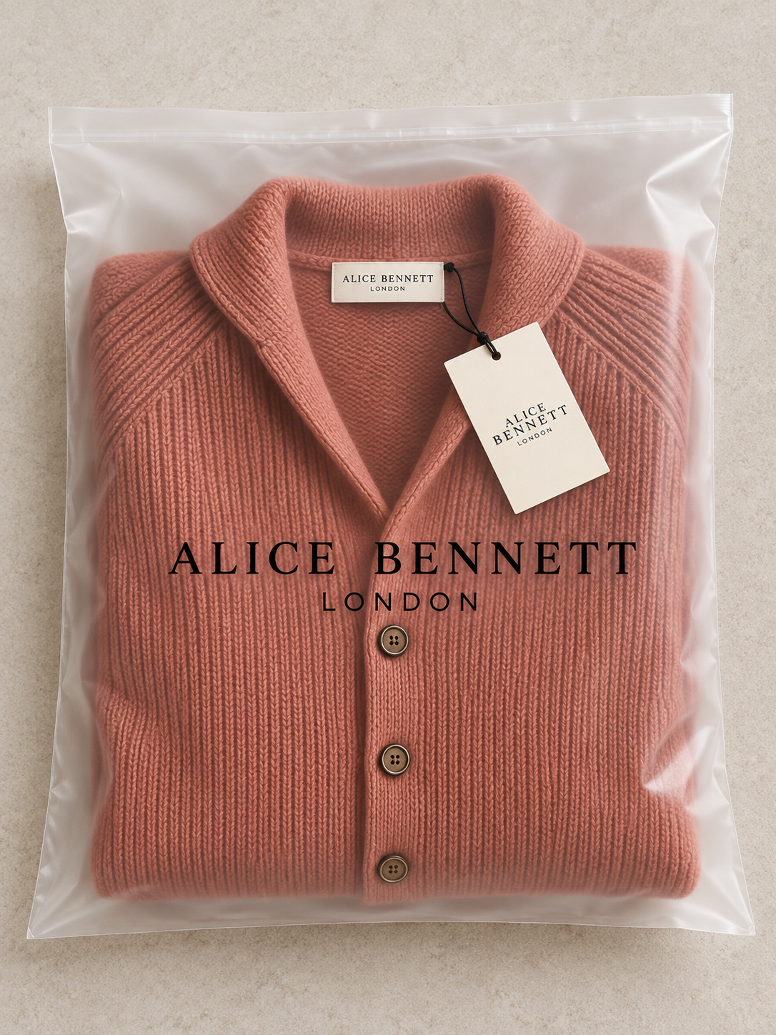 Silvoro ribbed cardigan folded in an Alice Bennett London branded polybag with attached hangtag