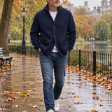 Silvoro Brown cardigan worn by a male model walking in London