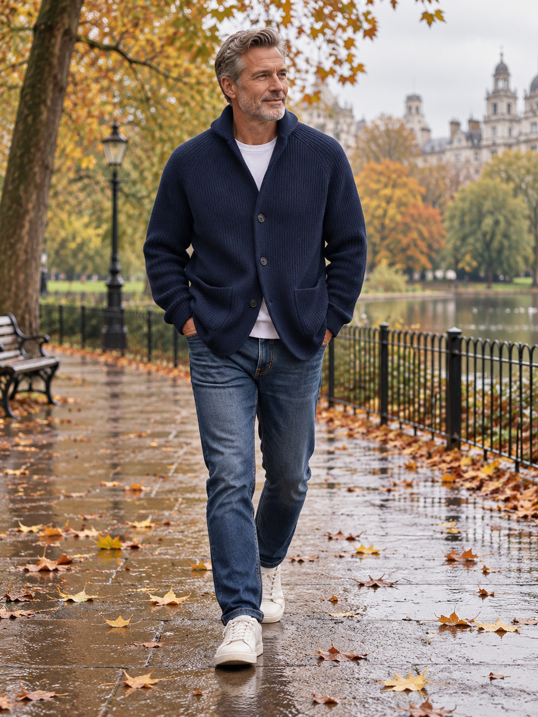Silvoro Brown cardigan worn by a male model walking in London