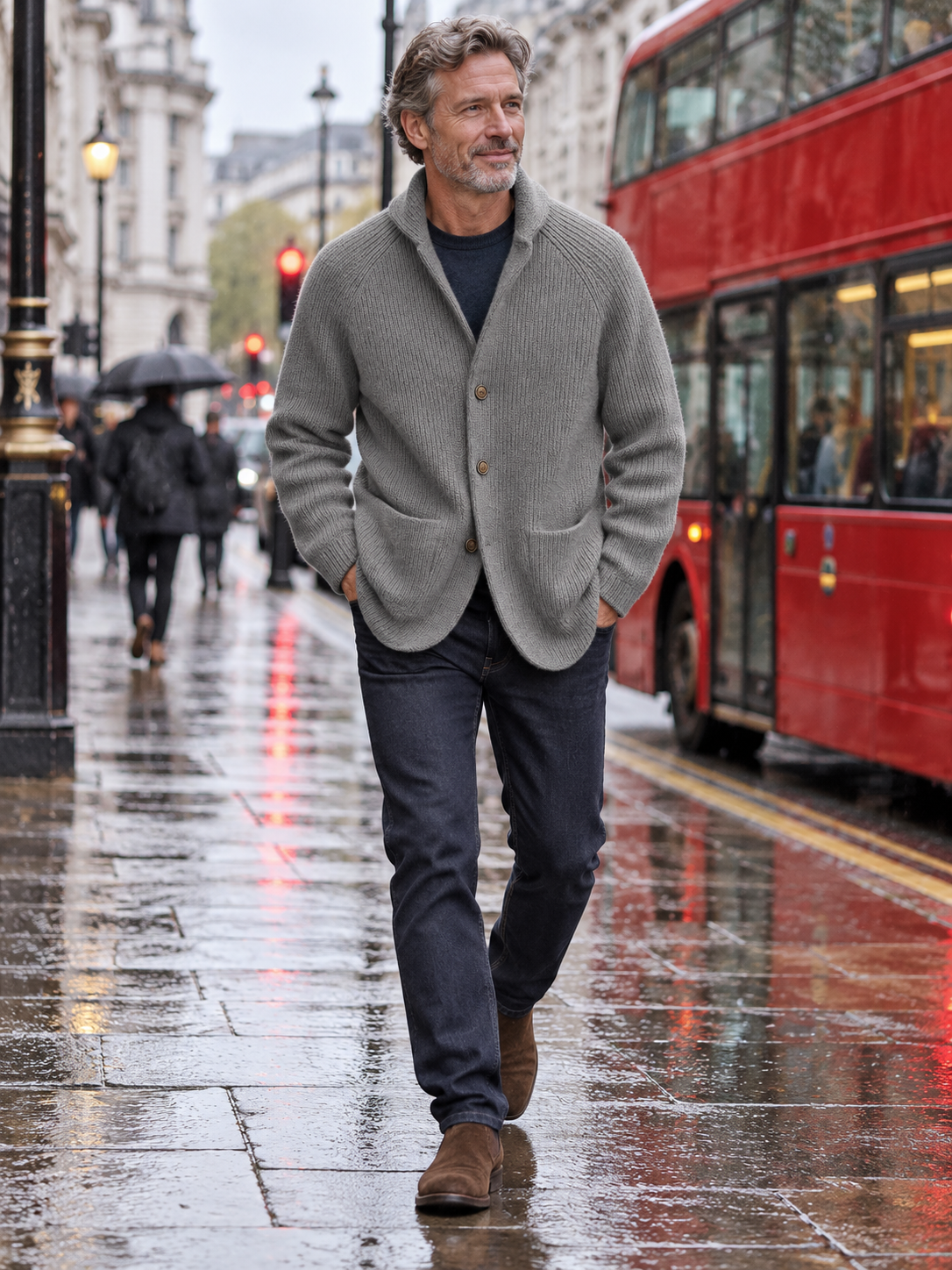Silvoro Dark Blue cardigan worn by a male model walking in London