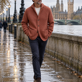 Silvoro Grey cardigan worn by a male model walking in London