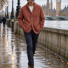 Silvoro Grey cardigan worn by a male model walking in London