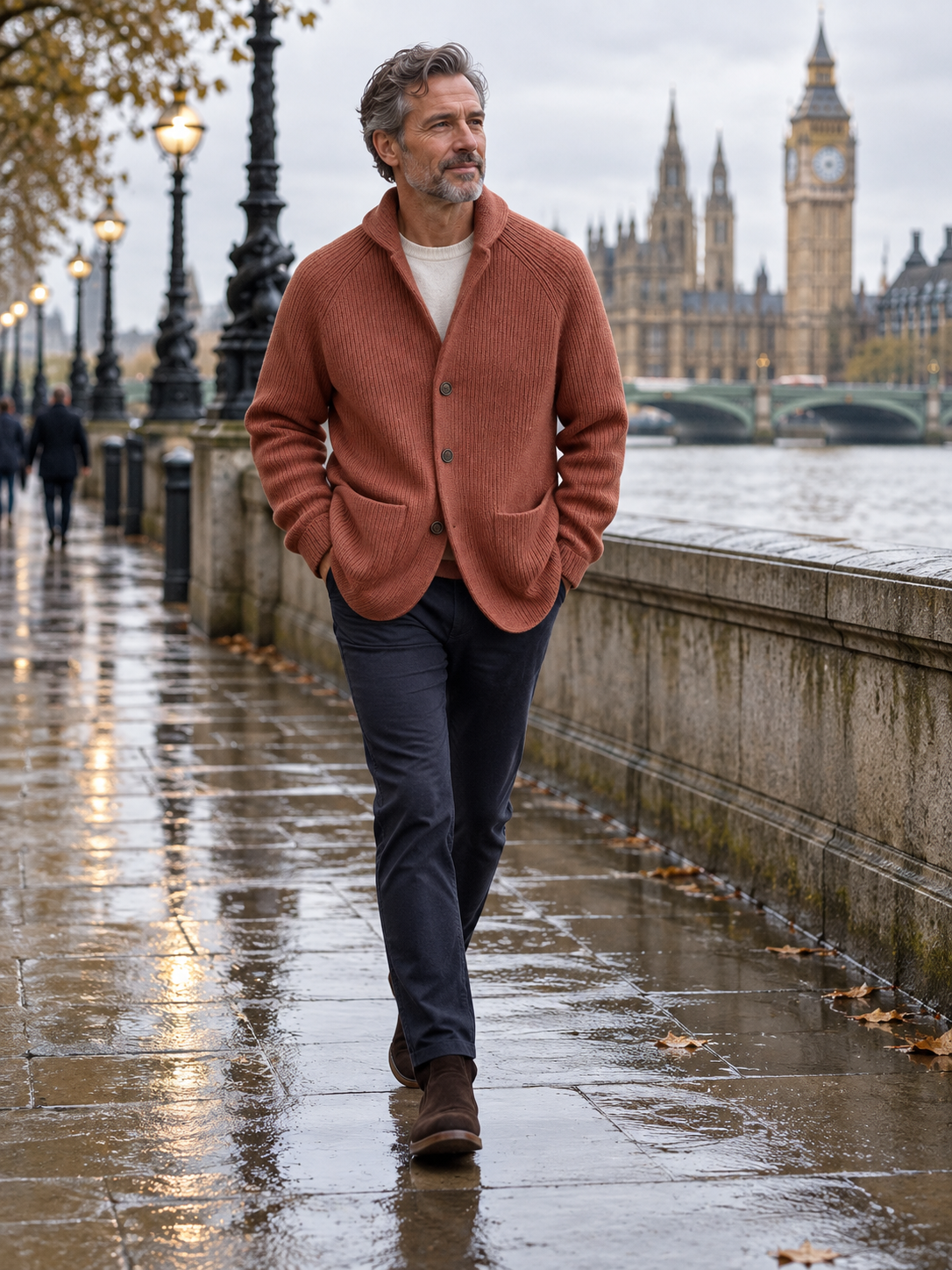 Silvoro Grey cardigan worn by a male model walking in London