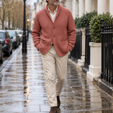 Silvoro Pink cardigan worn by a male model walking in London