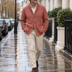 Silvoro Pink cardigan worn by a male model walking in London