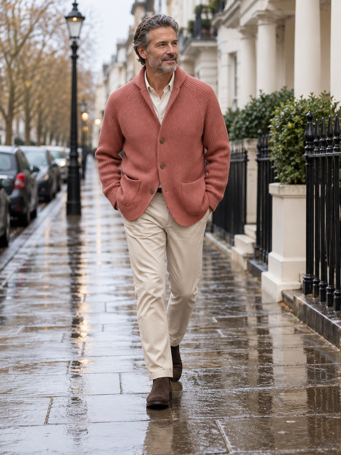 Silvoro Pink cardigan worn by a male model walking in London