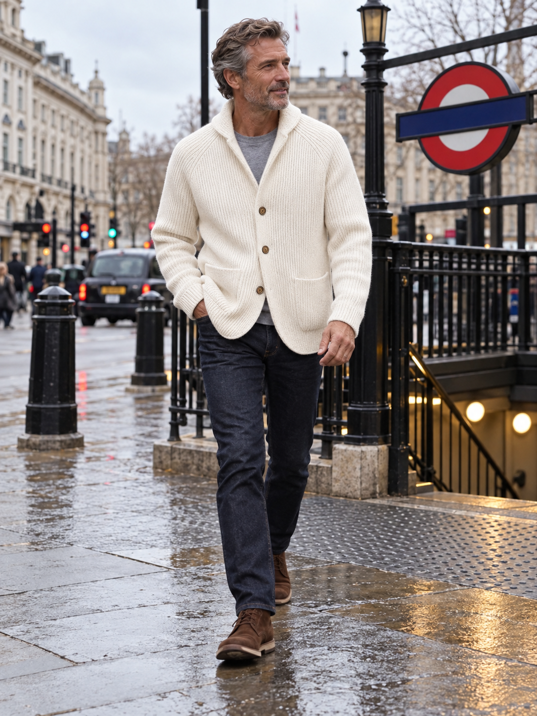Silvoro White cardigan worn by a male model walking in London