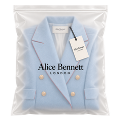 Sky blue double-breasted blazer in Alice Bennett London packaging