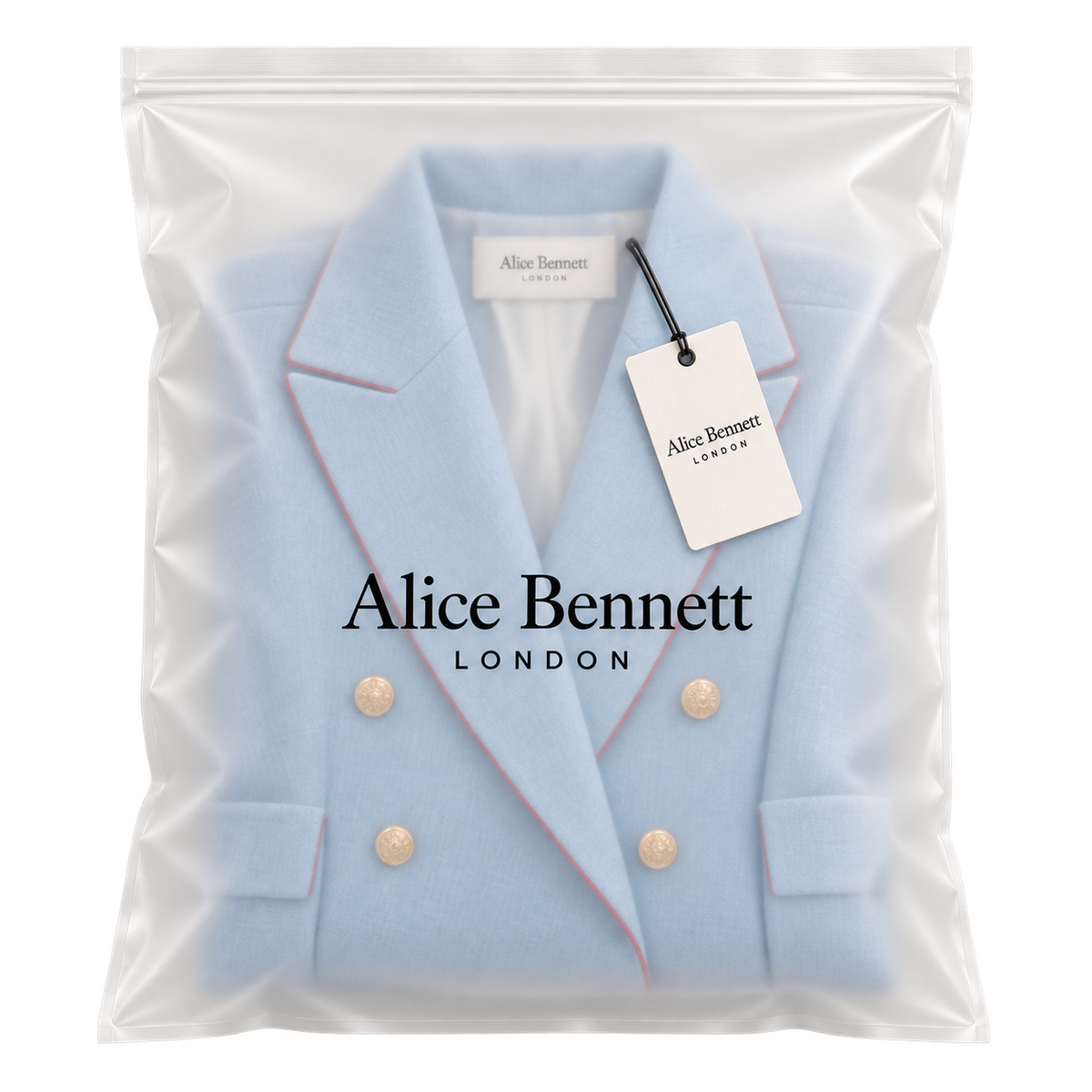 Sky blue double-breasted blazer in Alice Bennett London packaging