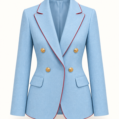 Sky blue double-breasted blazer on a white background