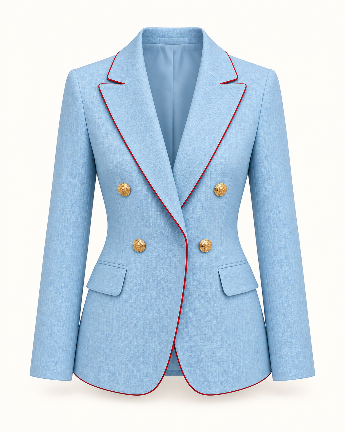 Sky blue double-breasted blazer on a white background