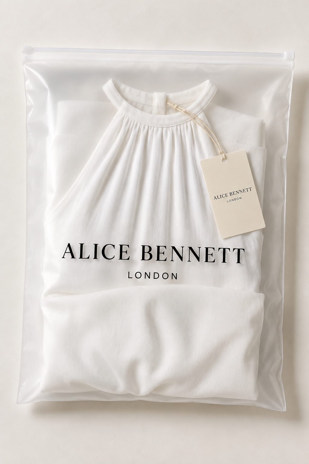 White sleeveless wide-leg jumpsuit in an Alice Bennett London polyzip bag with branded hangtag