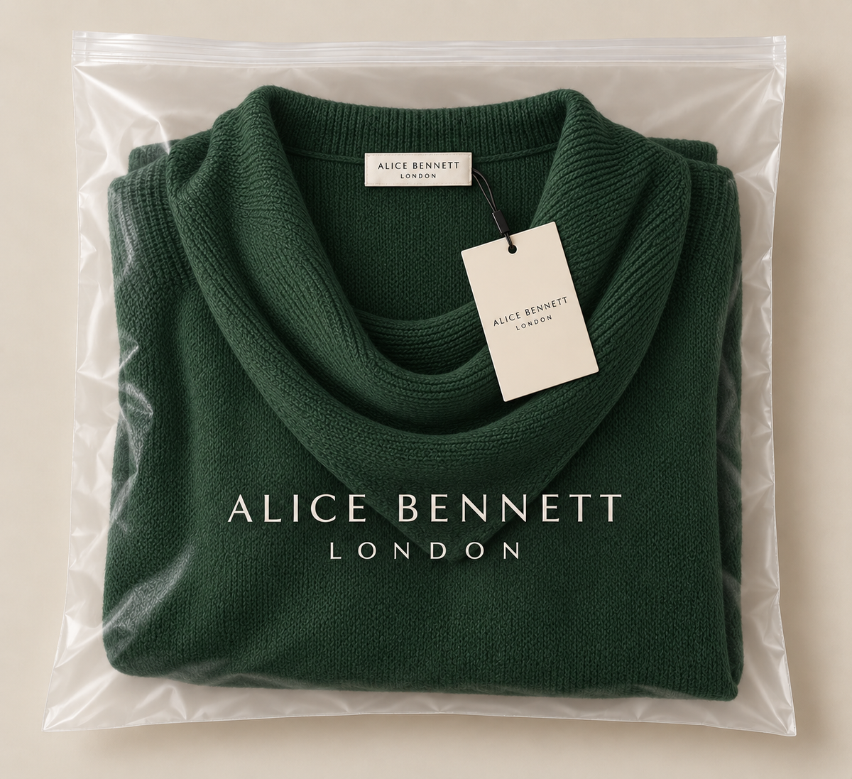 Green cowl-neck sweater in Alice Bennett London packaging