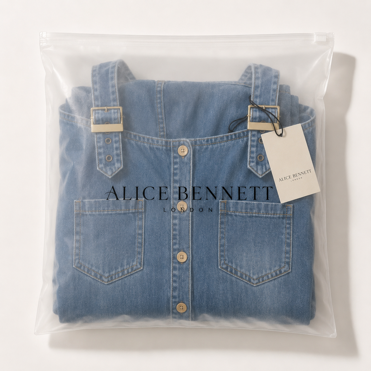 Sofia denim jumpsuit in a semi-transparent Alice Bennett London zip bag with branded hangtag