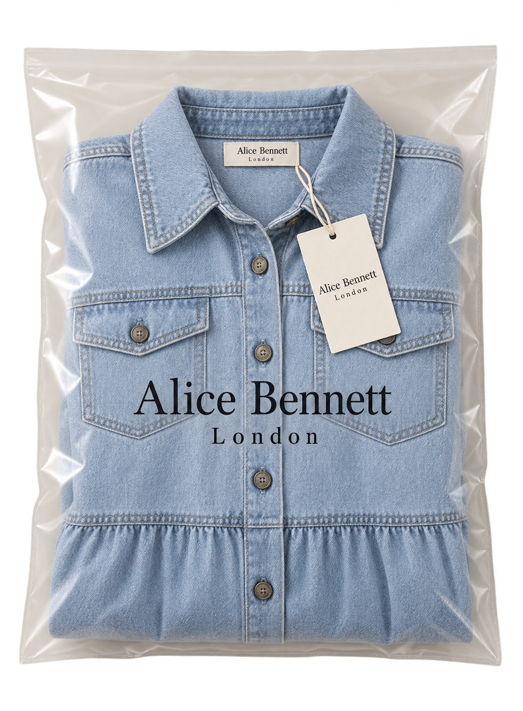 Sophia light blue denim midi shirt dress folded in Alice Bennett London branded packaging