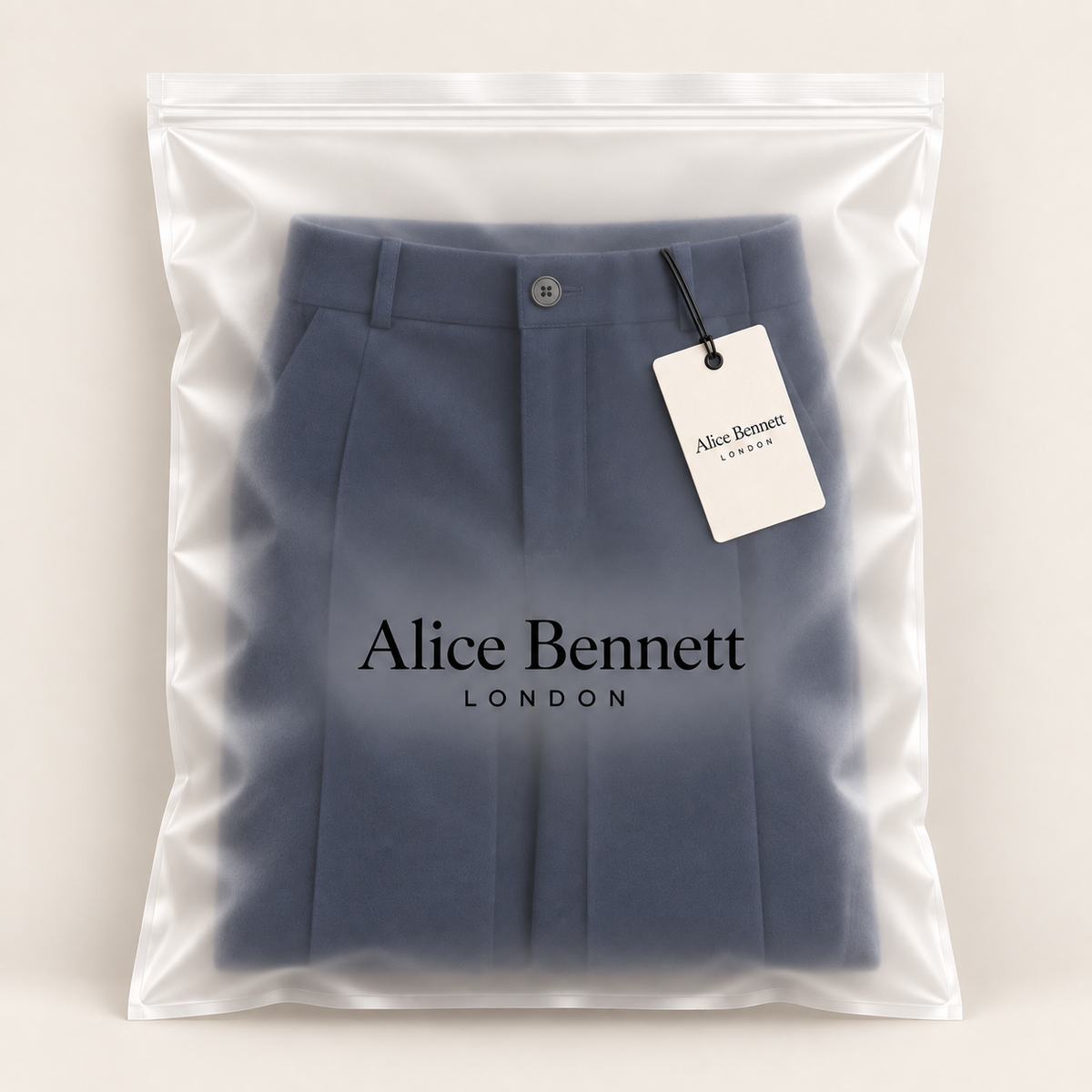 Sophia navy wide-leg tailored trousers in a luxury Alice Bennett London polybag