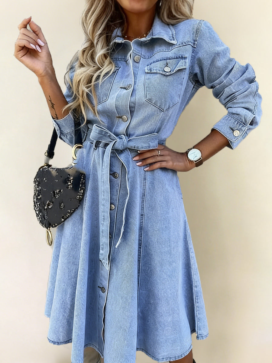 Luna | Belted Long-Sleeve Denim Shirt Dress