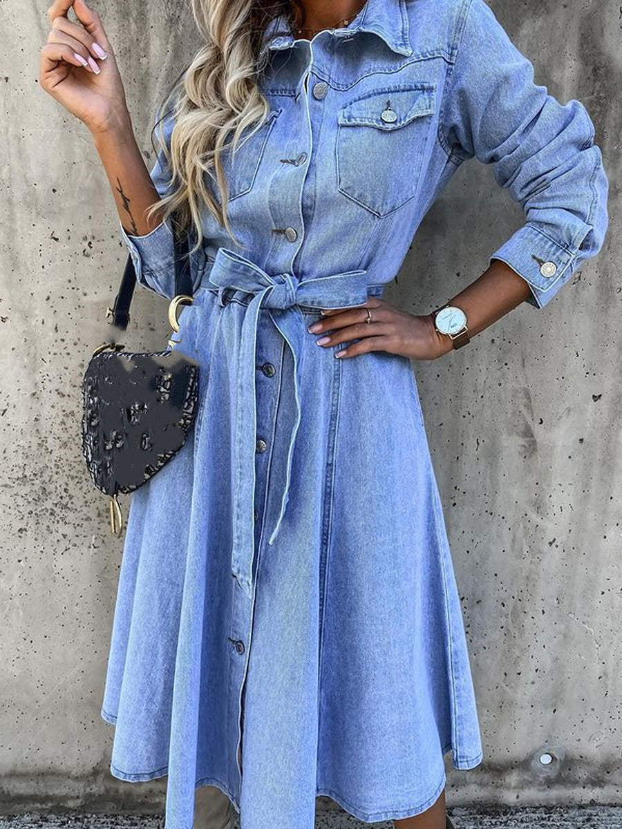 Luna | Belted Long-Sleeve Denim Shirt Dress