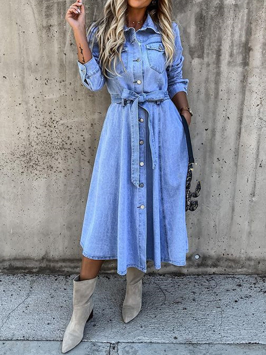 Luna | Belted Long-Sleeve Denim Shirt Dress