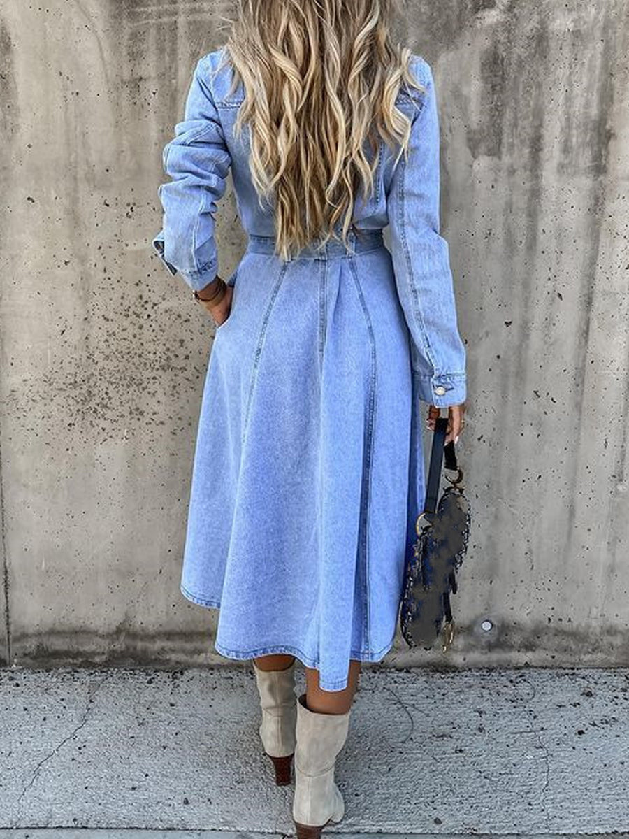 Luna | Belted Long-Sleeve Denim Shirt Dress